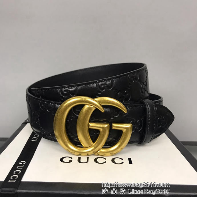 GUCCI古馳 官網新款 正品規格 原單品質 頭層小牛皮壓花 對版尖尾 復古做舊GG古金扣 男士皮帶  xfp1088